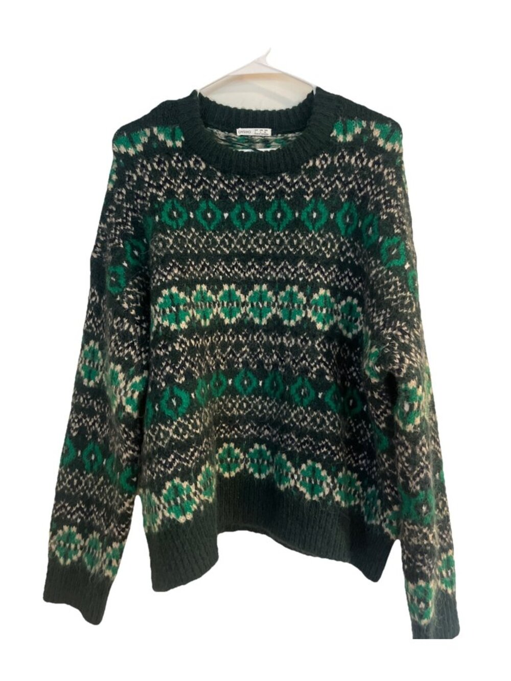 Oysho Mens Sz L Sweater Green&white  Wool Blend Fair Isle Crew Neck Long Sleeve